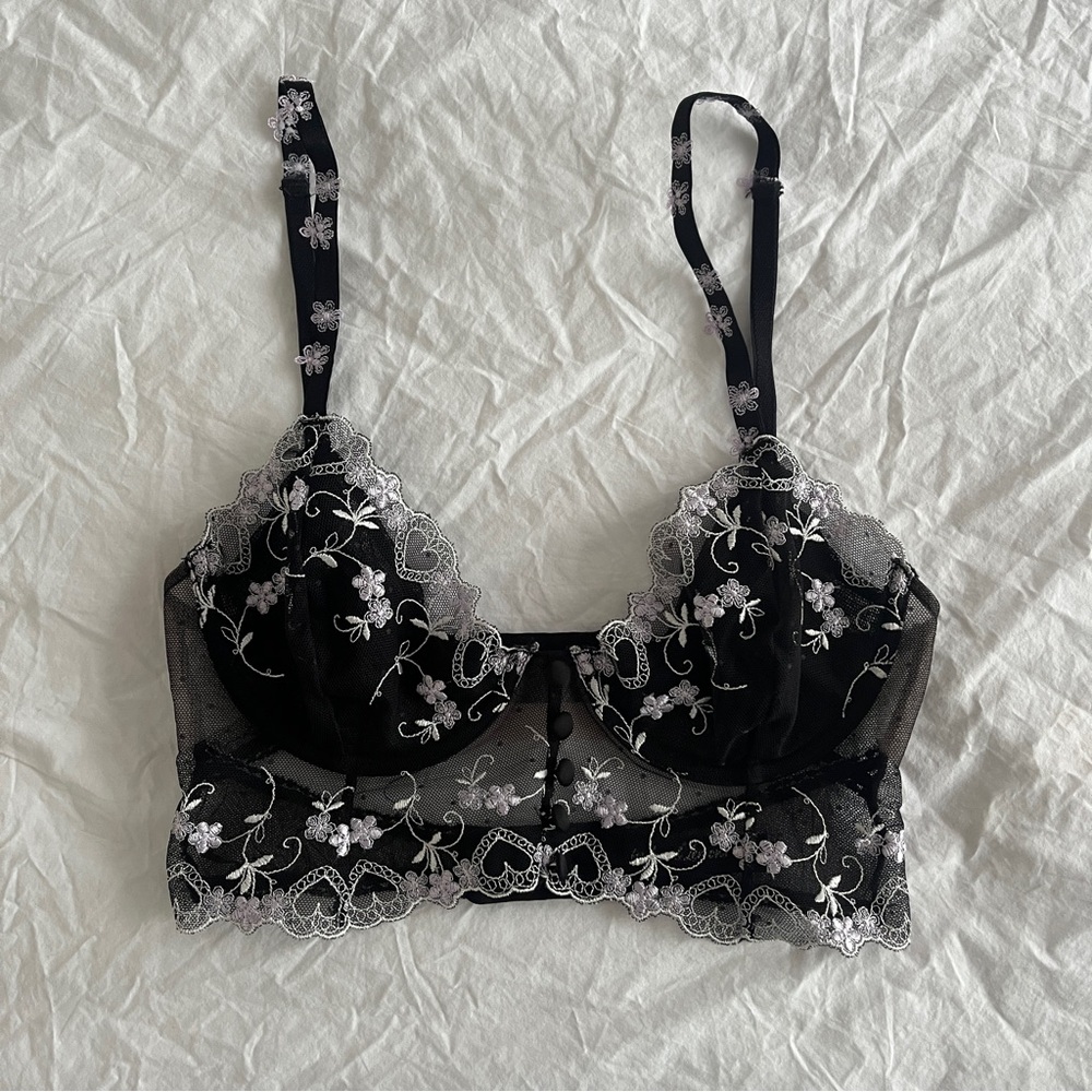 Black Lace Floral Longline Bra with Silver Embroidery Size XS
